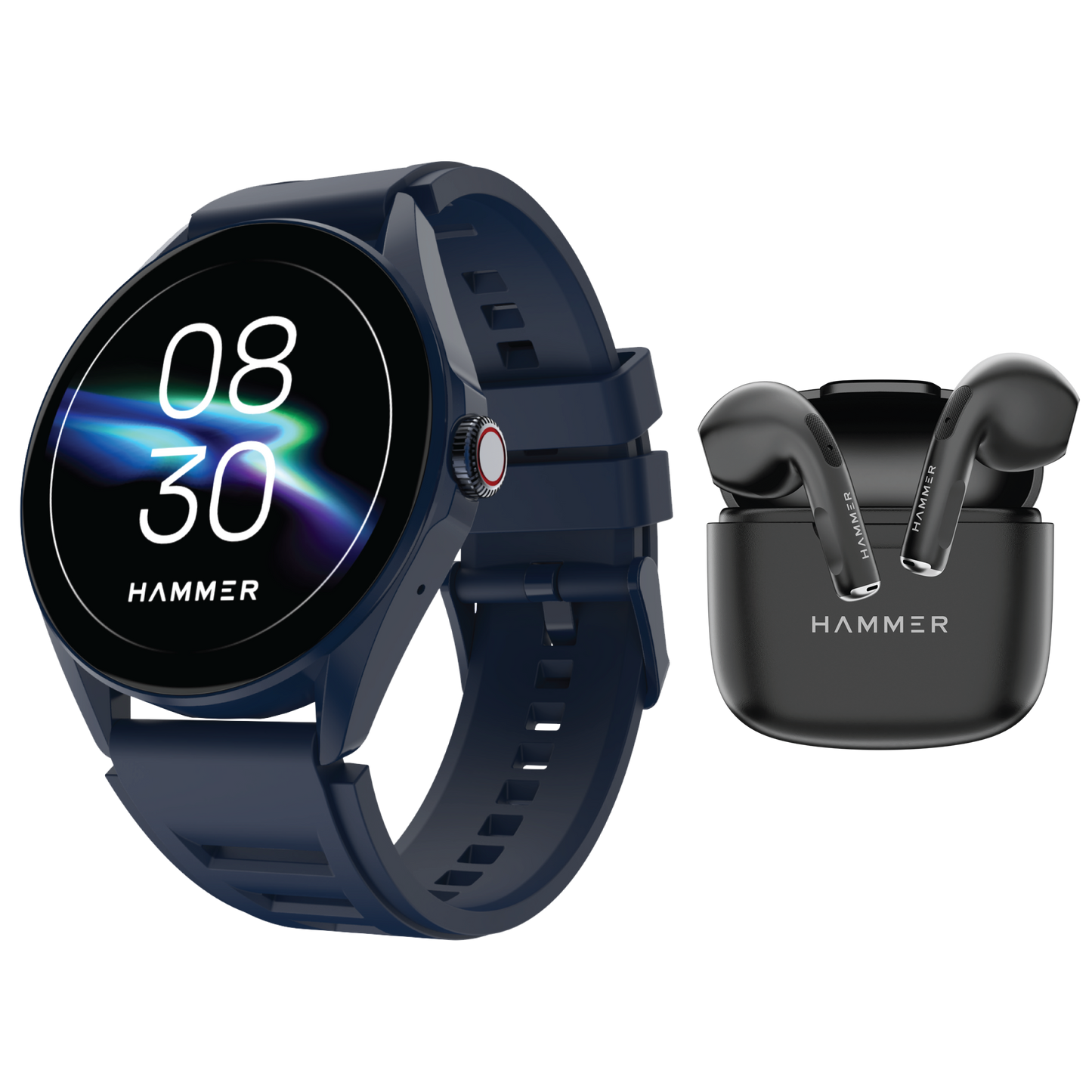 Hammer Cyclone Round Dial Bluetooth Smartwatch & KO Mini Bluetooth Earbuds (Combo)