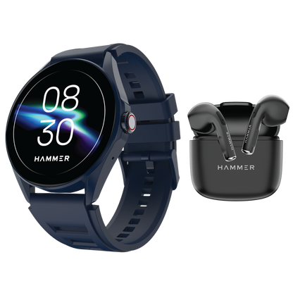 Hammer Cyclone Round Dial Bluetooth Smartwatch & KO Mini Bluetooth Earbuds (Combo)