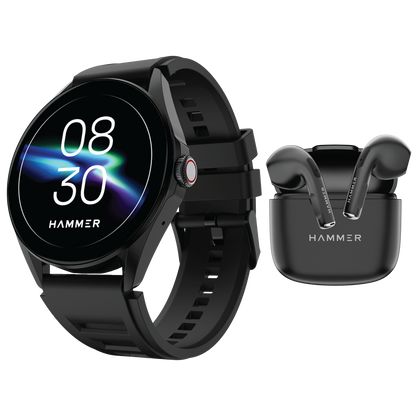 Hammer Cyclone Round Dial Bluetooth Smartwatch & KO Mini Bluetooth Earbuds (Combo)